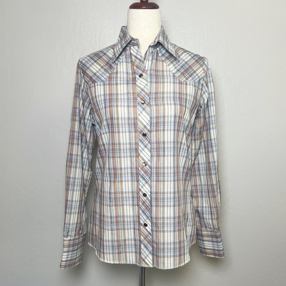•WRANGLER• Vtg Western‎ Pearl Snap Shirt Multicolor/Metallic Gold Plaid Size 32